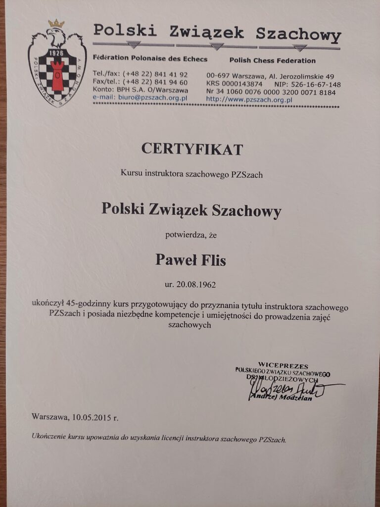 Strona Główna certyfikat instruktora pzszach paweł flis